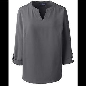 Lands’ End Women's Plus Size Roll Tab Sleeve Split Neck Blouse Top